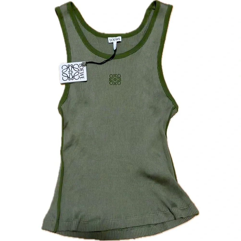 SOLD NWT LOEWE Anagram Tank Top Ribbed Military Green Size Large 100% silk $690 - Picture 5 of 10